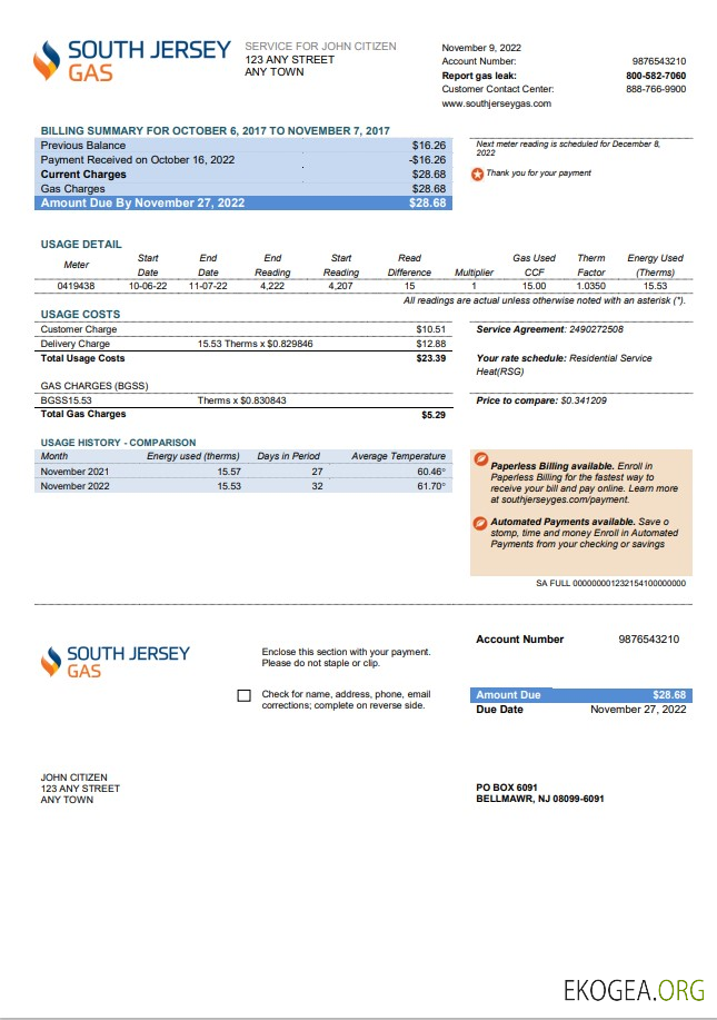 USA New Jersey South Jersey Gas utility bill template in Word and PDF format